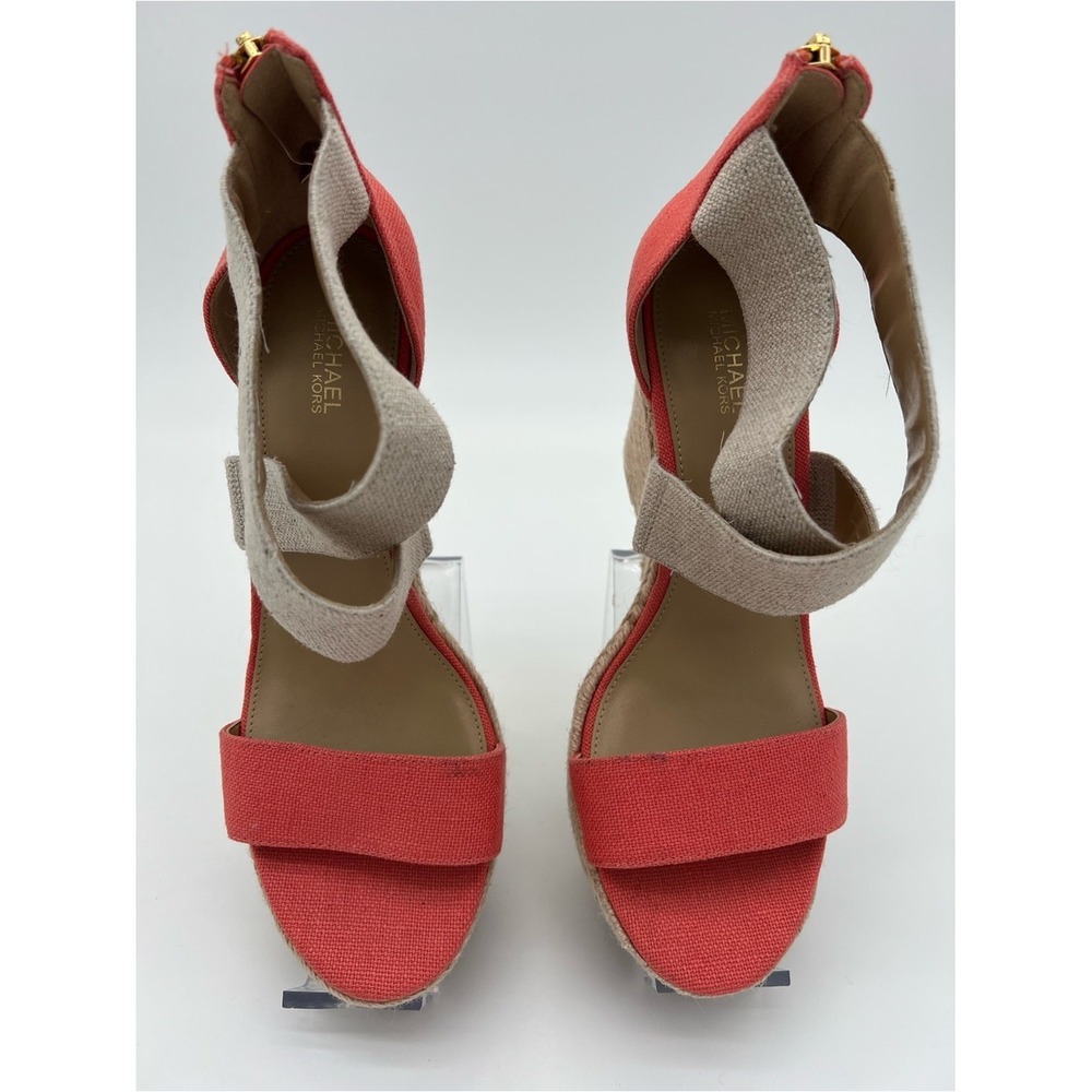 Michael Kors Coral and Natural Canvas Espadrille Wedge Sandals size 7.5 - Picture 3 of 12